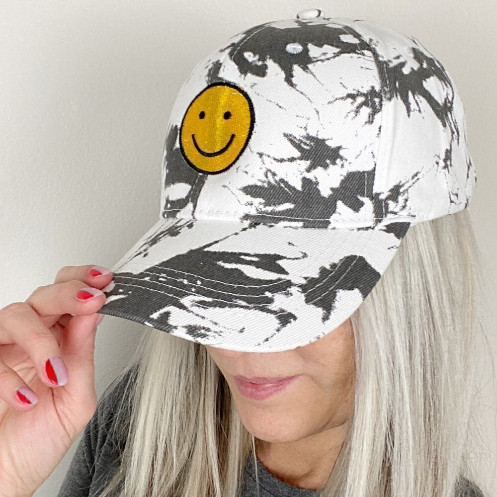 Smiley Face White Gray Tie Dye Ball Cap Hat